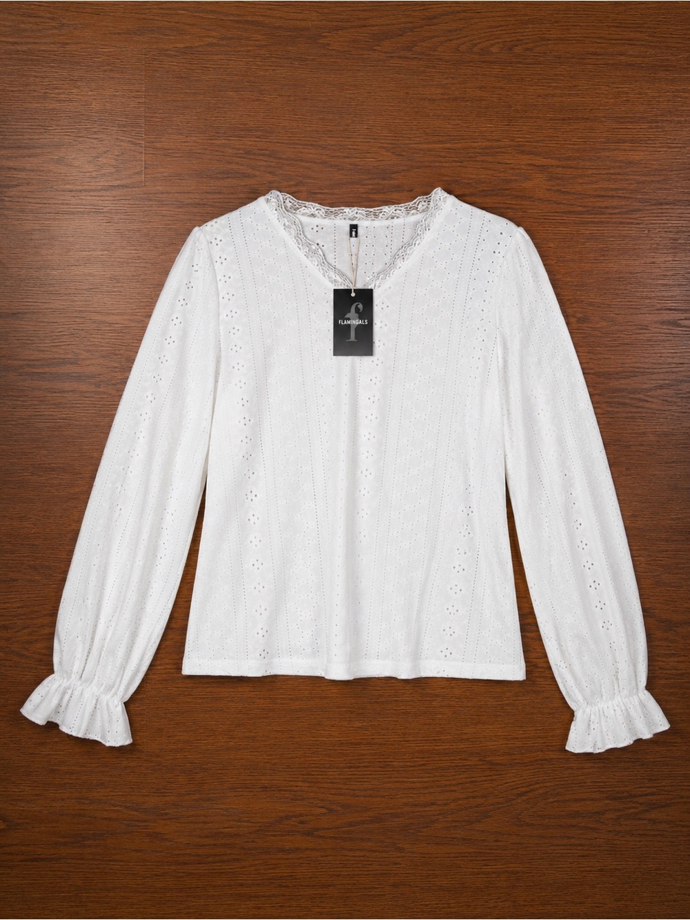 White Eyelet Lace-Trim Blouse - Classic Women's Top Sz L